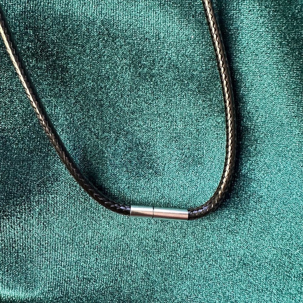 Steampunk Copper + Silver Rhinestone Pendant Necklace on Black Rope - Picture 2 of 2